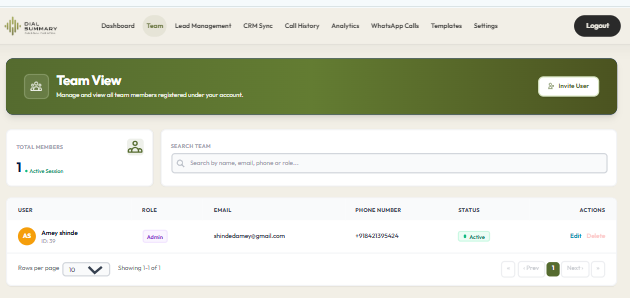 DialSummary Team Management View
